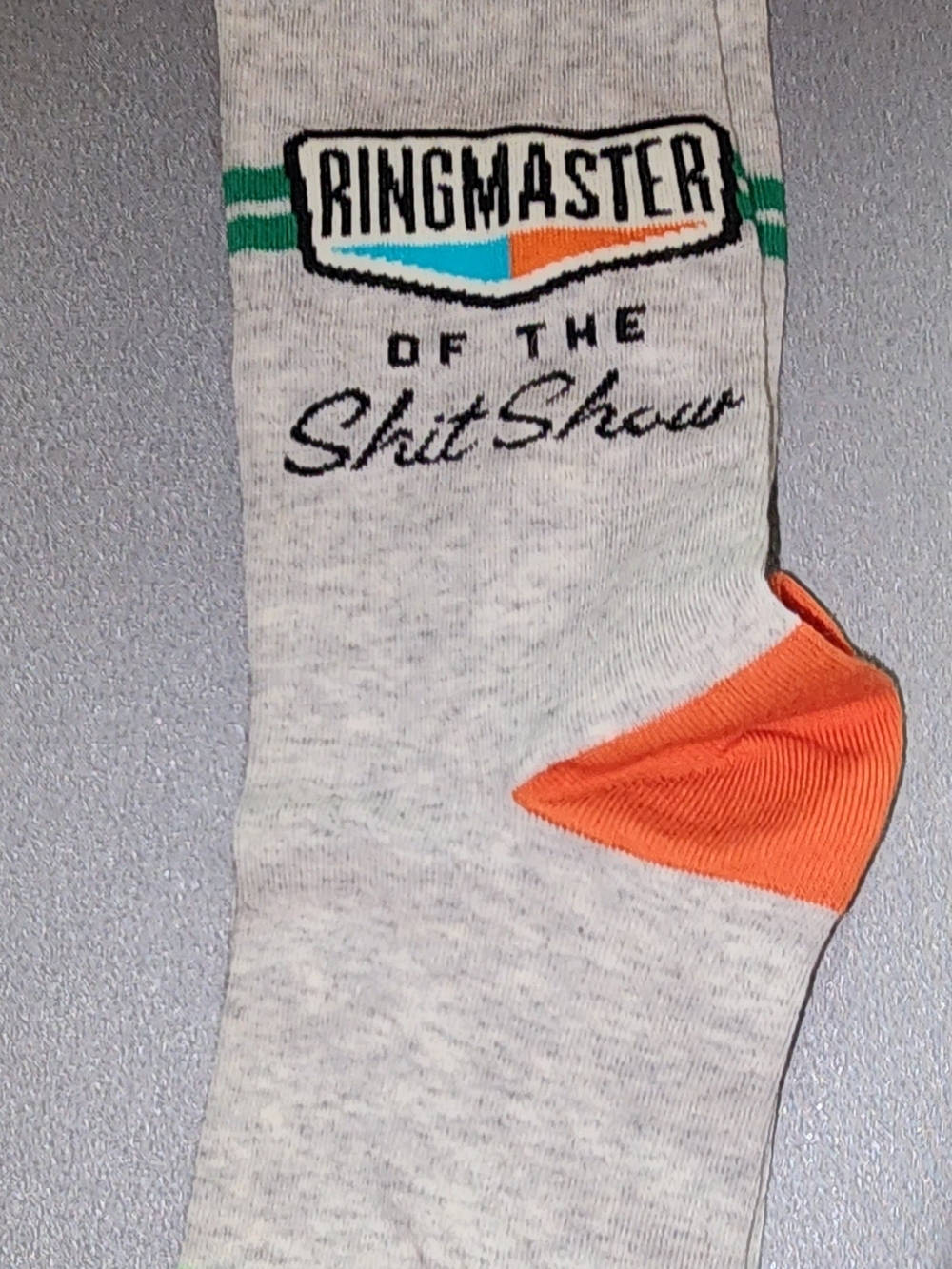 Blue Q Light Gray Crew Socks with Orange Heel and Green Accent